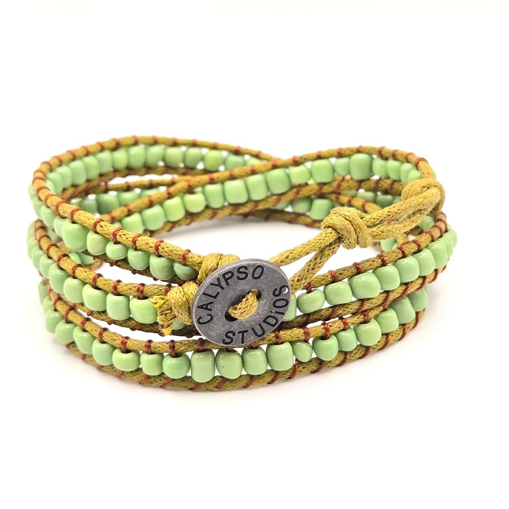 Calypso Studios Beaded Wrap‎ Bracelet Green Glass Beads Adjustable Button Cord